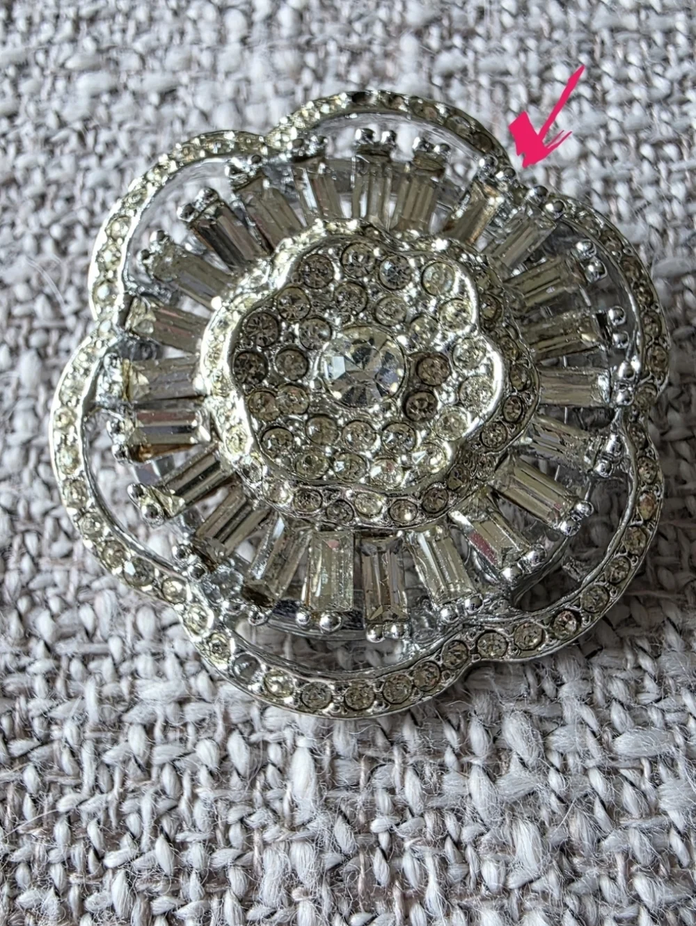 Vintage rhinestone brooch circular, tiered design with clear faceted rhinestones
